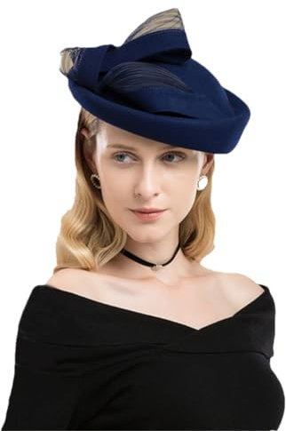 Schwarze Wolle Hochzeit Hut Fascinator Cocktail Hüte für Frauen Blau Rot Winter Kirche Fedora Bogen Formale Kappe Marineblau Wollhut, Dunkelblaue Wollmütze, Einheitsgröße