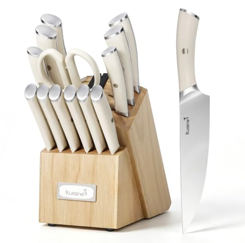 Kuisine Juego de cuchillos de chef de cocina, juego de utensilios en bloque, hoja afilada de acero inoxidable con alto contenido de carbono, mango ergonómico, juego de cuchillos de cocina en bloque co
