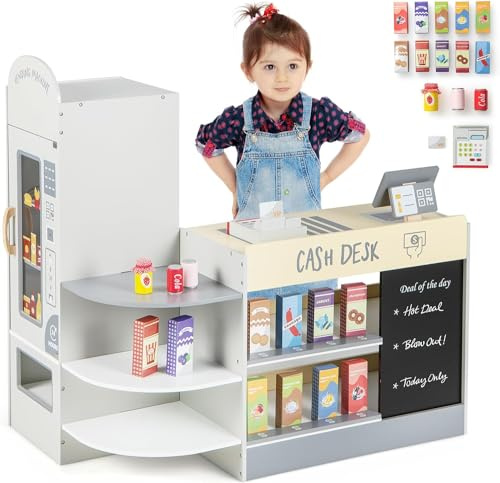 DREAMADE Kasse Kaufladen Kinder, Kaufmansladen Holz mit realistischer Kasse & Verkaufsautomat, Spiel-Supermarkt mit 15 Zubehör & Kreidetafel, Verkaufsstand Spielzeug Set für Kinder ab 3 Jahren (Grau)