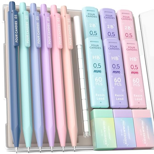 Four Candies 0.5 mm Druckbleistift Set, 6PCS Niedliche Druckbleistifte mit 360PCS Minen, 3PCS Pastell Radiergummis und 9PCS Radiergummi-Minen