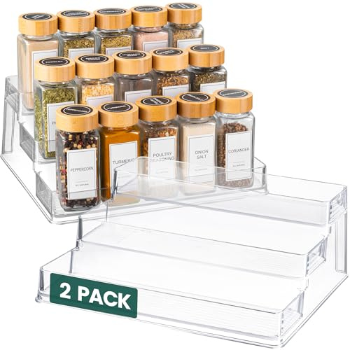 Oizeir Clear Spice Rack (2-Pack) - 3-Tier Seasoning Organization for Cabinet - Deep Acrylic Pantry Organizer - Holds Seasoning, Condiment Bottle - 10.4 x 9.6 x 4