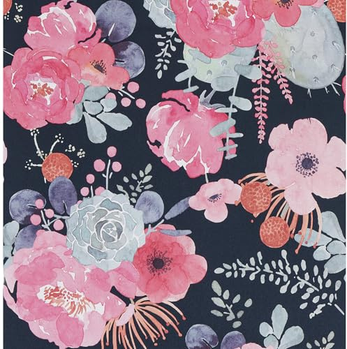 FENTIS Blumentapete Selbstklebende Tapete Blumen und Blätter Kontaktpapier Klebrige Rückseite Plastik Vinyl-Folie Abnehmbar Wandpapier für Schlafzimmer Wohnbereich Wasserdicht 44.5x500cm, Blau