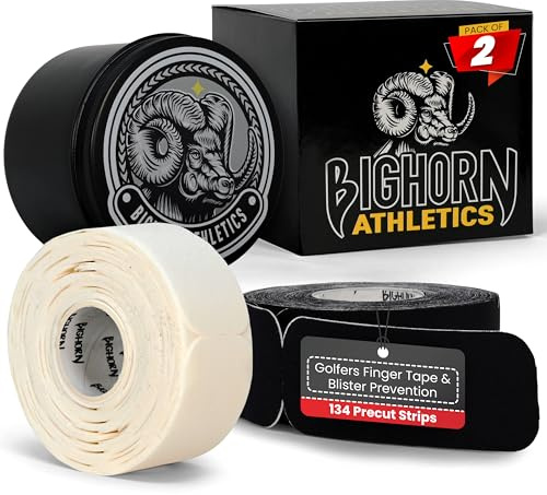 Bighorn Athletics Premium Golf Finger Tape, vorgeschnittene Streifen von Golfern Tape, 4-Wege-Stretch Athletic Tape, Fingerblasen-Prävention, Golf Blister Tape – 2er-Pack mit Blechdose, Schwarz & Weiß