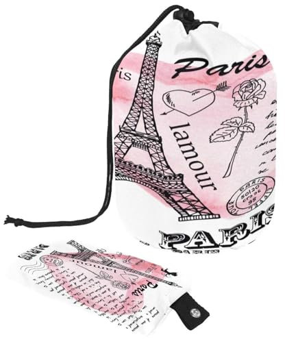 Trousse da toilette con coulisse, Torre Eiffel di Parigi su acquerello rosa a forma di cuore, borsa per cosmetici, organizer da viaggio per trucchi + piccola borsa, Multi,