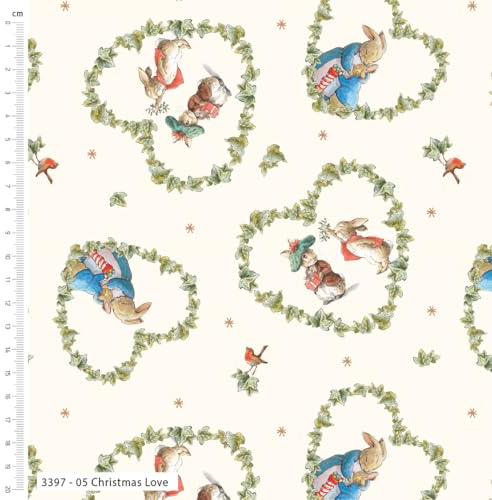 100% Cotton Poplin Christmas Fabrics - Peter Rabbit Holly Berry Jolly Poinsettia Foliage Joy Ivy Cosy Xmas - Sewing Quilting Dress Fabric - Simply Sew Crafty™(Peter Rabbit - Christmas Love, 1 Metre)