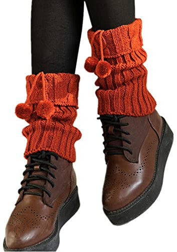 MZRAN Beinstulpen für Damen, Mädchen, Frauen, Winter, gedrehtes Zopfmuster, Beinstulpen, Plüschball, Schleife, Stiefelsocke, Orange, 38