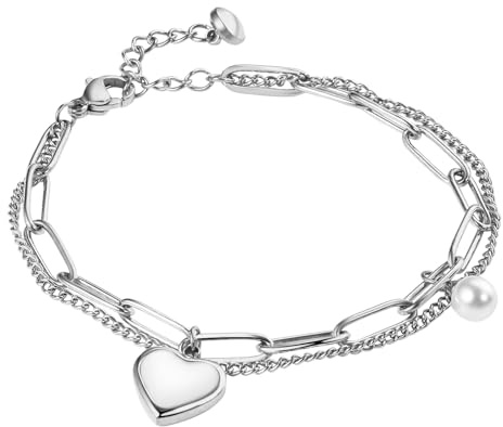 Flonge Love Heart Link Bracelet: Charm Heart Pendant Double Layer Bracelet Adjustable Paperclip Chain Bracelet Jewelry Gift