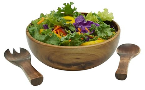 WRIGHTMART Acacia Wood Bowl Set, 9” Round Bowl with Salad Servers, Natural Rustic Finish, Ideal for Food, Fruit, Kitchen, Dining & Living Room Decor, Handmade & Durable (Set of 3)