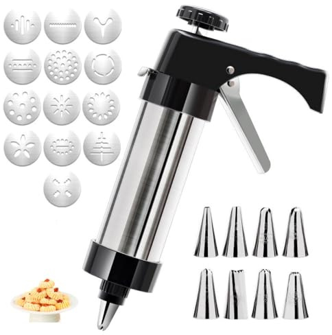 LoveFirst Plätzchenpresse, Keksmaschine, DIY-Kekspresse, Backzubehör Garnierspritze, Profi Edelstahl Gebäckpresse Spritzgebäck Presse mit 13 Schablonen und 8 Düsen, Teigspritze für Kuchen Kekse
