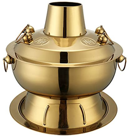 fondue， Olla caliente tradicional china, olla caliente Shabu de cobre Vintage, olla caliente Shabu de carbón de acero inoxidable china(Gold,36cm)