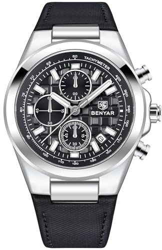 BENYAR Orologio al Quarzo Uomo - Cronografo Analogico Elegante in Acciaio Inossidabile con Cinturino in Pelle Ecologica, Resistente all'Acqua 30m (3ATM), Stile Casual di Lusso - Nero