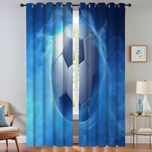 TDNEKMCA Blickdichte Vorhänge mit Ösen Gardinen 2 Stück H137 x B117 cm Verdunkelungsvorhang Fußball Blau Thermovorhang Hitzeschutz, Ösenvorhang für Schlafzimmer Wohnzimmer