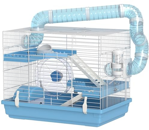PawHut Tragbarer Hamsterkäfig, Hamsterkäfig mit Hütte, Laufrad, Futternapf, Wasserflasche, Sitzstangen, Leitern, Röhrensystem, 47,5 x 31,5 x 29,5 cm, hellblau