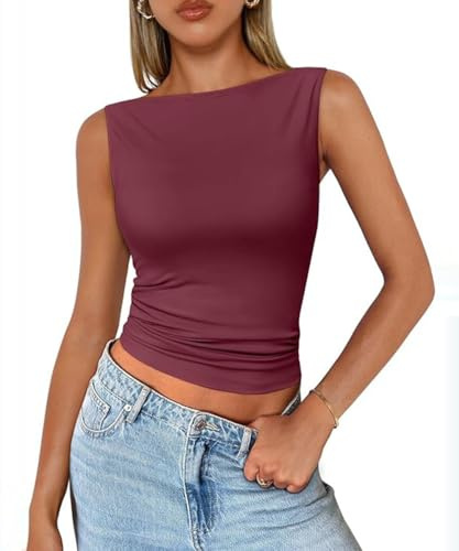ABINGOO Débardeur Femme Chic Et Elegant Col Bateau Crop Top Sans Manche Été Tank Tops Basic Décontracté Tunique Shirt(Rouge,L)