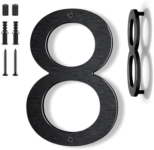 Yafimea numero civico esterno nero 20 cm – In alluminio massiccio con superficie spazzolata, fissaggio a vite con effetto 3D flottante, impermeabile – Per facciata, muro, garage, cancello (8)