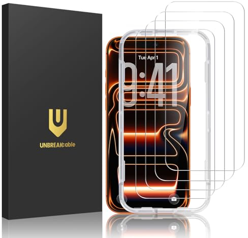 UNBREAKcable Displayschutzfolie für iPhone, doppelt bruchsicheres gehärtetes Glas, einfache Installation, 9H Härte, 99,99% HD-Klarheit, hüllenfreundlich, für iPhone 6,3 Zoll, 4 Stück