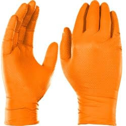 Bauster Nitrilhandschuhe Einweg Orange – 100 Stück – Texturiert & Puderfrei – Größe M – Einmalhandschuhe für Werkstatt, Bau, Reinigung, Garten, Tattoo, Auto (nicht lebensmittelecht)