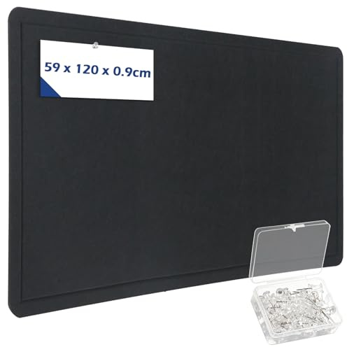 Große Pinnwand,120x59cm Filzbrett Dekorative Filz-Pinnwand für die Wand,0,9cm Dick Korkbrett-Alternative für die Wand,Faltbares Fotodisplay mit Selbstklebendem Klebeband und Pinnadeln (Schwarz)
