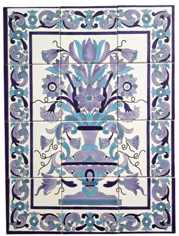 Handbemalte Fliesen Blau-Weiß Elegantes Wandbild 45x60 Wandfliesen | Edle Majolika-Kunst: 12 handbemalte Keramikkacheln vereint zu einer prachtvollen blau-violetten Blumenvase.