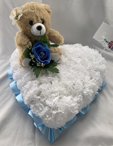 Silky Bouquets Teddy Bear Heart Funeral Tribute – 14 Silk Flower Heart with Ribbon Edge & Bear | Personalized Memorial in Any Colour with Sash & Message Card