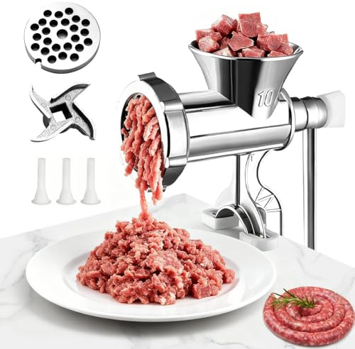 CEWROM Tritacarne manuale in acciaio inox con riempitivo per salsicce e morsetto da tavolo per carne di maiale, salsiccia con piastre di taglio e tubo salsiccia, tritacarne per carne di maiale manzo