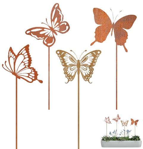 PIujsym Gartendeko für Draußen Wetterfest, Schmetterling Deko, Metall Rost Deko für Garten, 4 Gartenstecker Rost Frühlingsdeko Sommer Herbst Balkon Terrasse Blumenbeet Blumenstecker Naturliebhaber