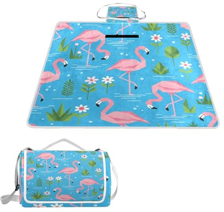 ALAZA Rechteckige wasserdichte Picknickdecke, Flamingo-Blumen, tragbar, faltbar, für den Innenbereich, für Reisen, Wandern, Camping, Park, 150 cm x 145 cm