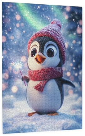 Lively Snowy Penguin with Sparkler Wooden Jigsaw Puzzles for Adults 500piece Cozy Design&Soft Hues Ideal for Mindful Leisure to Puzzle Enthusiasts On Valentine’s Day&Easter