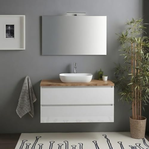 Kiamami Valentina - Mobile Bagno Sospeso 100 cm Bianco Lucido con Top Rovere Naturale, 2 Cassetti, Specchio con Lampada Inclusa