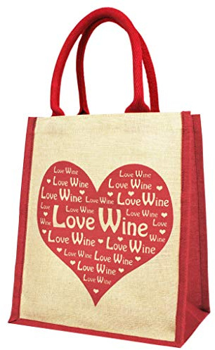 Love Wine Carrier 6 Bottle Bag with Removable Divider|Shopping Bag | Jute | Strong reusable bottle carrier, Love Wine heart design, Red
