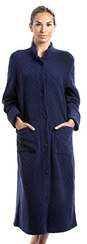 Camille - Vestaglia da casa in morbido pile, motivo floreale, lunghezza intera, con bottoni blu navy 40/42 IT