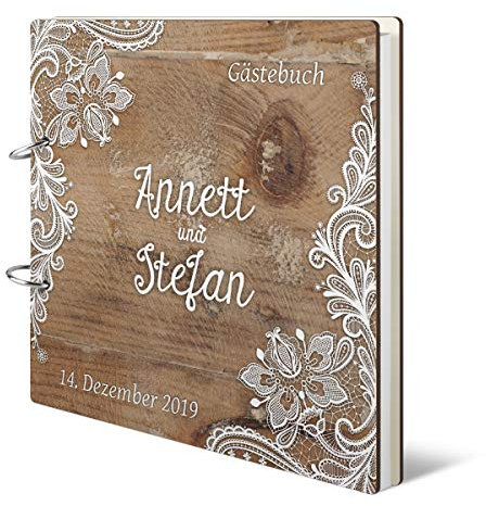 Personalisiertes Hochzeit Gästebuch - Rustikal Motiv (HDF bedruckt mit Holzmotiv und Weißer Spitze) - 215 x 215 mm 72 Blätter / 144 Naturpapier Innenseiten