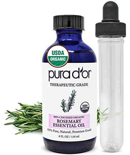PURA D'OR Organic Rosemary Essential Oil, 4oz, Therapeutic Grade, for Hair, Body, Skin, Aromatherapy, Relaxation, Massage, Mood, Relief, Home, DIY Soap