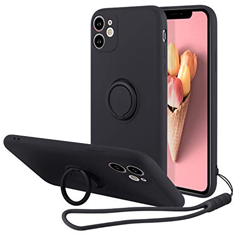 UEEBAI Case for iPhone 11 6.1 inch, Ultra Slim TPU Shockproof Case Liquid Silicone Case Rotatable Ring Holder Kickstand with Magnetic Car Mount Gel Rubber Cover Wrist Strap for iPhone 11 - Black