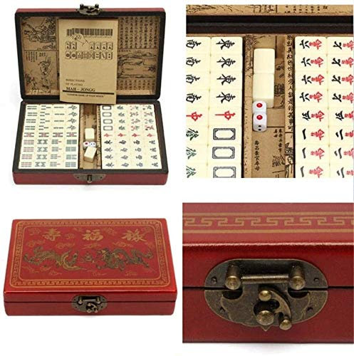 Abcoll 144 Stück Chinesisches Mahjong, Rotes Tragbares Mahjong-Set, Praktisch Und Einfach Zu Bedienen, Mit Einer Alten Lederbox Und Einem Englischen Handbuch, Leicht Zu Akzeptieren
