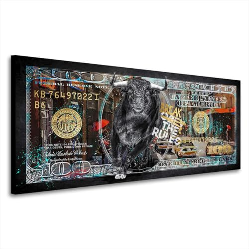Kunstgestalten24 100 Dollar New York Stier Bild Pop Art Style Leinwandbild | Kunstdruck | Wanddeko | Street Art | Gemälde | Comic Bilder | Wandbild Leinwand Modern 75x30x2cm
