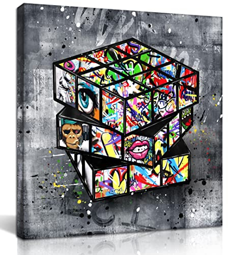 SIXTTART Banksy Leinwandbild für Schlafzimmer – Straße Graffiti Wandkunst – abstraktes Gemälde, Pop-Art-Wanddekoration, 35.6 cm Bx35.6 cm H gespannt und gerahmt, fertig zum Aufhängen