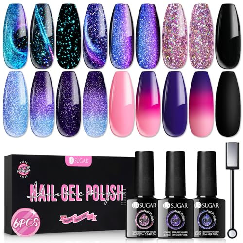 UR SUGAR Gel Nail Polish Set Color Changing, 6 Pcs Nail Gel Polish Glitter Purple Temperature Change Colors Kit Cat Magnetic Eye Thermal Sparkly Different Effect Soak Off Gel Nail Kit Gift Box