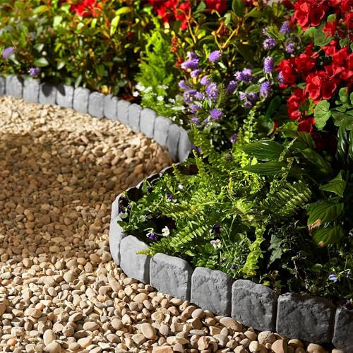 Grey Cobbled Stone Effect Garden Lawn Edging Plant Border | Simple tap In | 10 Pack 2.4m length | Interlocking Garden Edging for Flower Bed Fence Lawns Grass Bordering