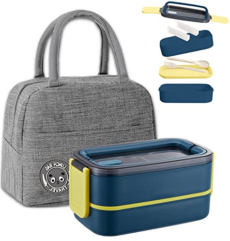 Haoh Lunch Box Kit, 1400ml 2 Strati Ermetica Porta Pranzo da Ufficio con Posate e Borsa Termica Porta Pranzo, Bento Box Microonde per Picnic Scuola Uffici Adulto (Blu Scuro)