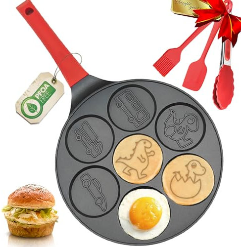 DAYOOH Dinosaur Egg Pan 7-Cups Nonstick Silver Dollar Pancake Pan Omelet Pan Breakfast Car Truck Pancake Mold