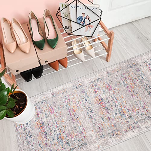 Mazovia Teppich Läufer Flur - Modern Vintage Teppichläufer - Kurzflor Flurläufer für Vorzimmer, Schlafzimmer, Küche - ÖKO-TEX Zertifiziert - Meterware - Bunt Grau - 80 x 300 cm