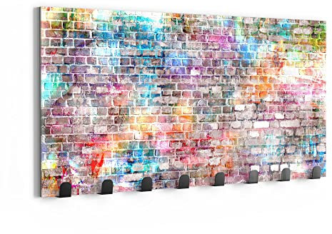 DEQORI Wandgarderobe Glas & Metall | Motiv Ziegelmauer mit Graffiti | 60x30 cm | Design Haken-Leiste modern | Garderoben-Paneel für Flur, Wohnzimmer & Schlafzimmer | magnetisch & beschreibbar