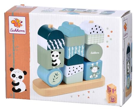 Eichhorn - Panda Steckspiel mit 14 Bausteinen zur Förderung der Hand-Auge Koordination, Motorikspielzeug aus Birkenholz, 6x16x12cm, ab 1 Jahr