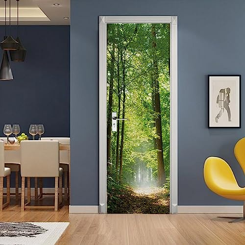 A.Monamour Adesivo Porta Autoadesiva 3D Paesaggio Naturale Della Foresta Di Primo Mattino Vinile PVC Adesivi per Porte Interne Pellicola Adesiva Poster Sticker Murale Parete Carta da Parati 95x215cm