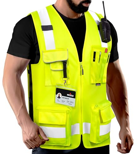 NoCry Premium Reflective Safety Vest for Men with Heavy-Duty Stitching & Phone Pocket — ANSI Class 2 High-Visibility Neon Workwear with Multiple Pockets – Ideal for Construction Workers & Surveyors
