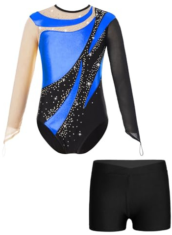 ranrann Barn flicka glänsande gymnastik lebody med shorts dansset gym strass kostym show outfit 5–14 år, G blå och svart, 9-10 �r