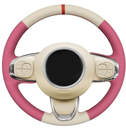 MEWANT Handgenähter Lenkradschutz aus Leder in Beige + Rosa für Fiat 500 2015-2021 / 500C 2016-2021 Fiat 500 Lenkradzubehör