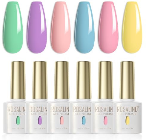 ROSALIND Vernis Semi Permanent，6 Couleurs Bonbon Vert Violet Rose Bleu Jaune Printemps Eté Vernis à Ongles Soak Off UV LED Gel Nail Polish Manucure Nail Art Kit