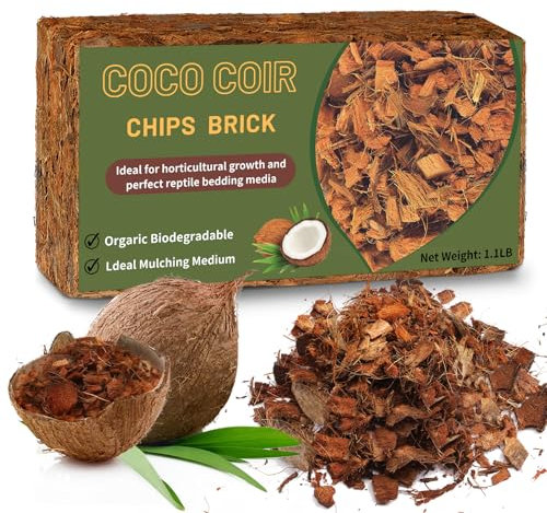 Coco Chips Substrate 1.1 LB, Organic Coconut Husk Brick with Low EC and pH Balanced, Easy to Expand Coco Coir Mulch Medium for Garden Flowers & Reptile Bedding (1 pack)
